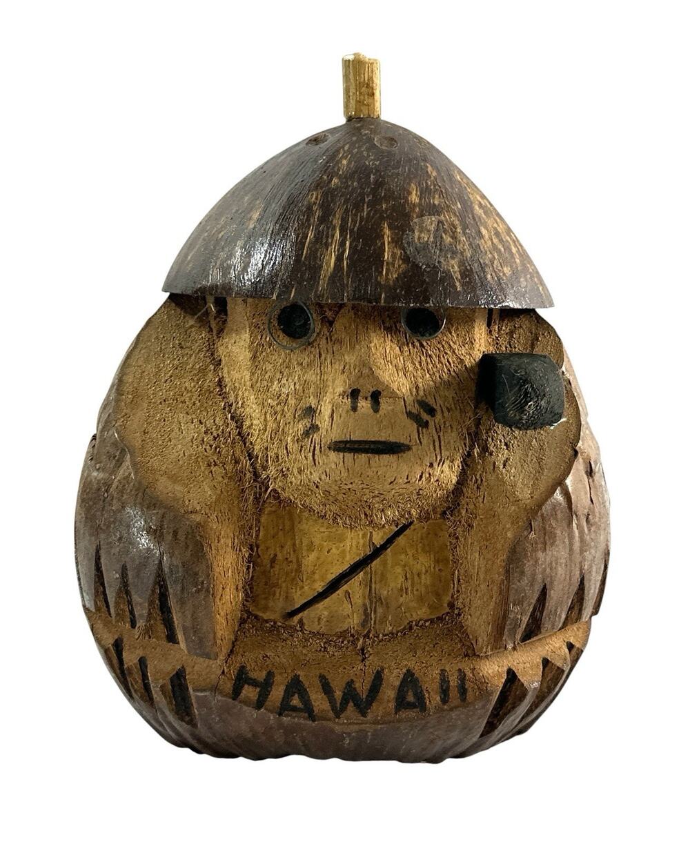 Vintage Hawaii Coconut Shell Man Figurine Coin Bank Folk Art Philippines 8”